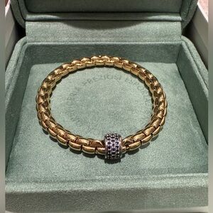 Fope Flexit Eka Bracelet Yellow Gold with White Gold Blue Sapphire Rondel Sz: 17